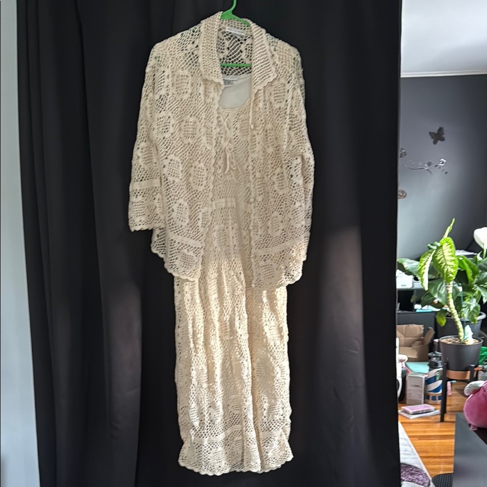Newport News Crochet Cream Dress and Jacket Set